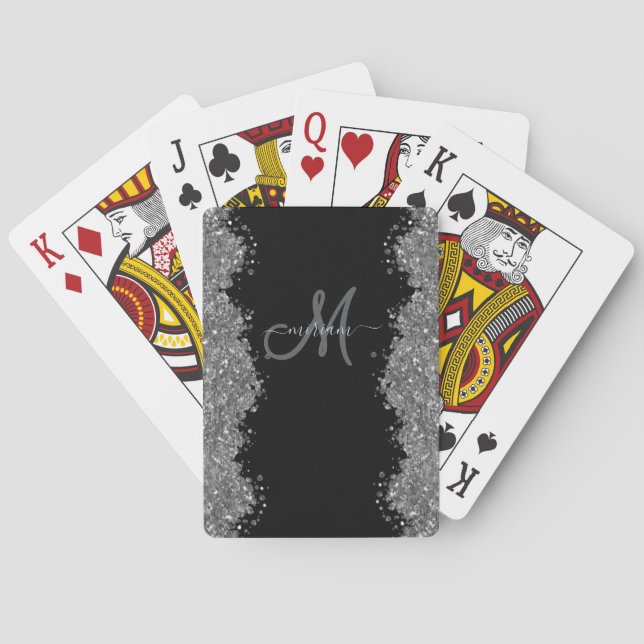 Black Silver Faux Glitter Grey Modern Monogram Playing Cards (Back)