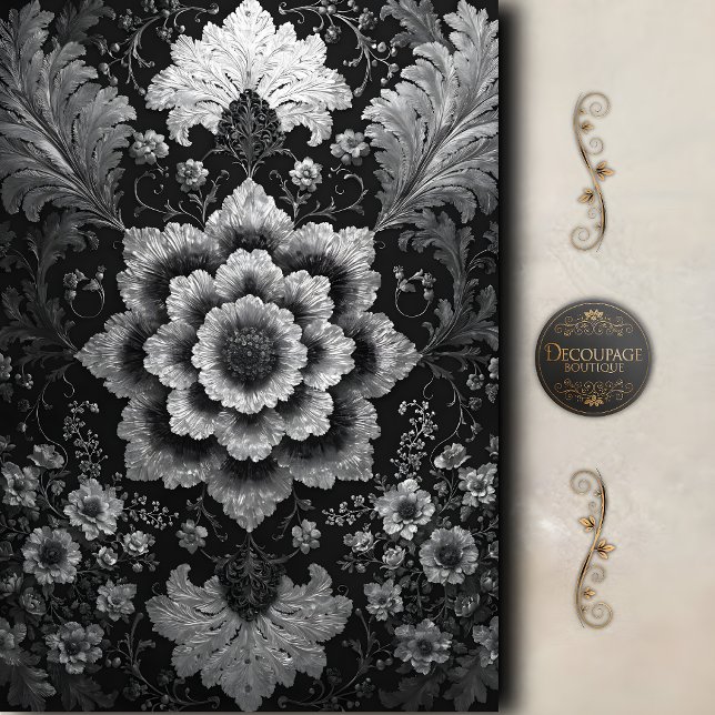 Black Silver Floral Damask Decoupage Tissue Paper (Black Silver Floral Damask Decoupage Tissue Paper)