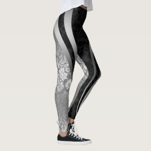 Black & Silver Floral Damasks Geometric Design Leggings