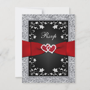 Black Silver Floral Hearts FAUX Foil RSVP Card