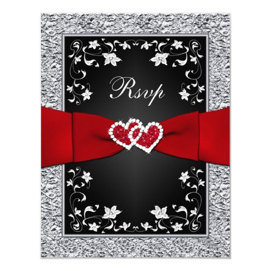 Black Silver Floral Hearts FAUX Foil RSVP Card