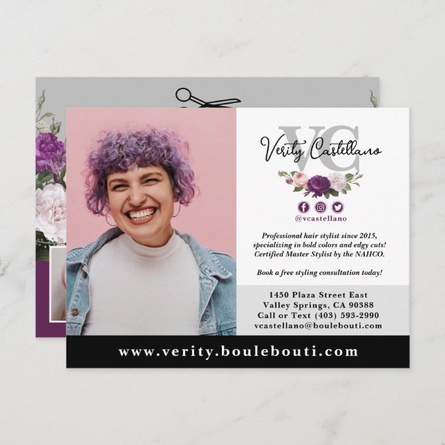 Black Silver Floral Salon Stylist Photo Marketing Postcard (Front/Back)