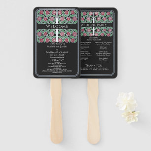 Black Silver Floral Sword Royal Wedding Program Hand Fan