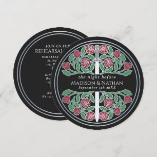 Black Silver Floral Sword Royal Wedding Rehearsal  Invitation