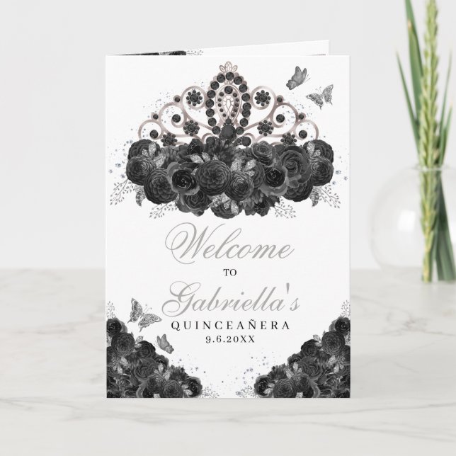Black & Silver Floral Tiara Quinceanera Program (Front)