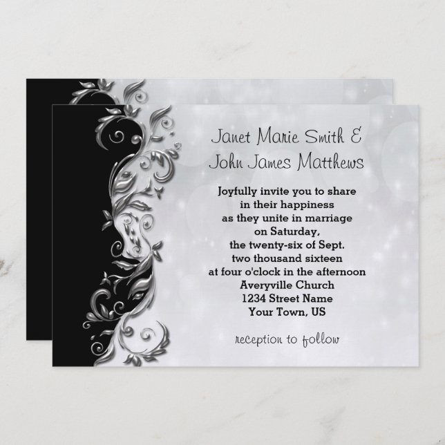Black & Silver Floral Wedding Design Invitation (Front/Back)