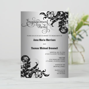 Black Silver Flourish Engagement Party Invitation
