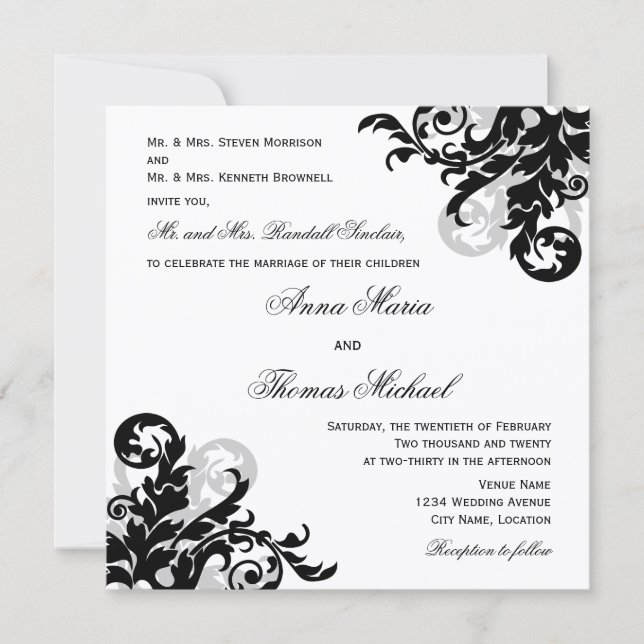 Black Silver Flourish Individual Guest Wedding Invitation (Front)