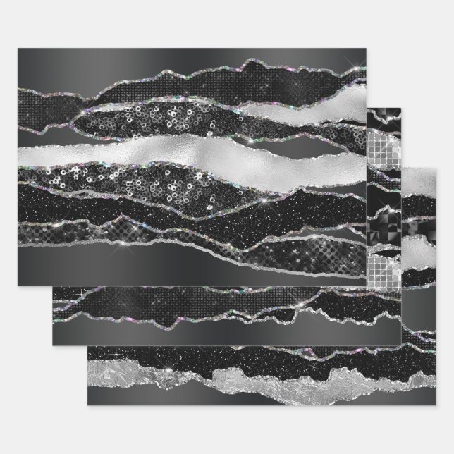 Black silver foil glitter classy elegant chic wrapping paper sheet (Set)
