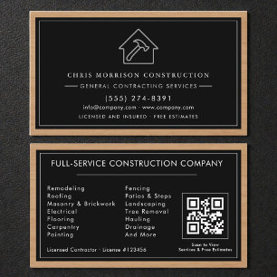 Black & Silver General Contractor QR Code Wood  Business Card