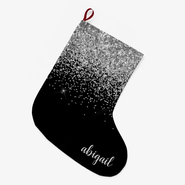 Black Silver Girly Glitter Shimmer Modern Stylish Large Christmas Stocking (Front (Hanging))