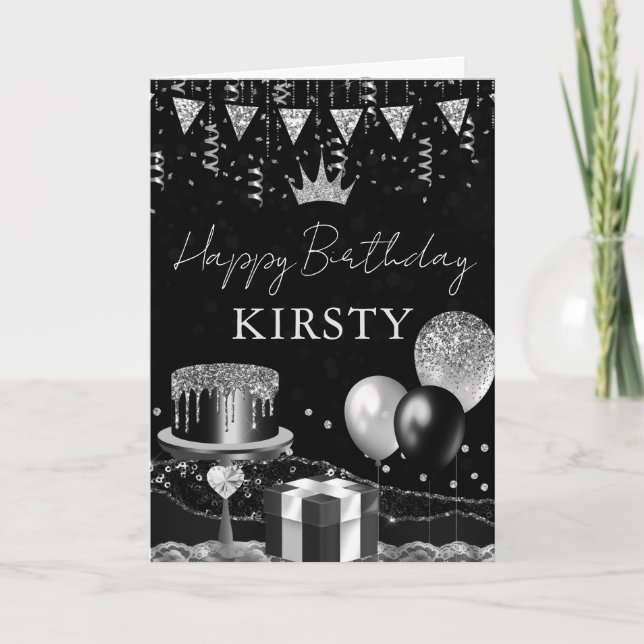 Black & Silver Glam Happy Birthday Card (Front)