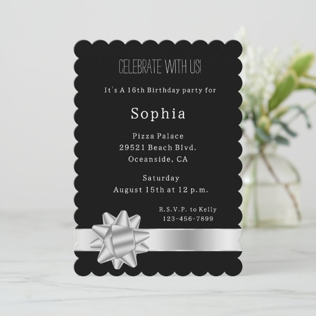 Black Silver Glam Ribbon and Bow Birthday Invitation (Standing Front)