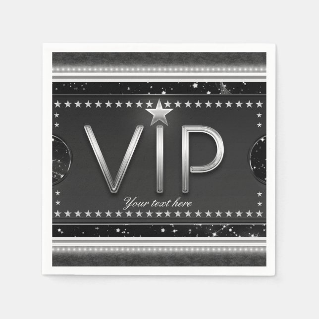 Black & Silver Glam Stars VIP Ticket Custom Party Napkin (Front)
