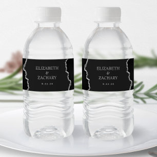 Black Silver Glitter Agate Dark Wedding Water Bottle Label