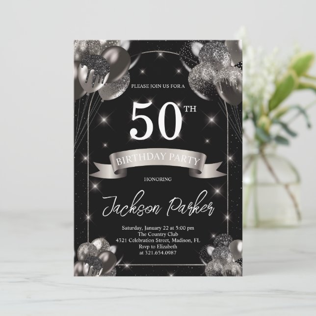 Black Silver Glitter Balloons 50th Birthday Party Invitation (Standing Front)
