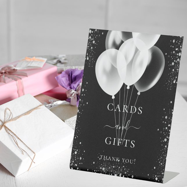 Black silver glitter balloons gifts cards guest pedestal sign (Creator Uploaded)