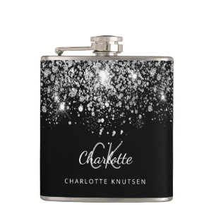 Black silver glitter best friends monogram hip flask