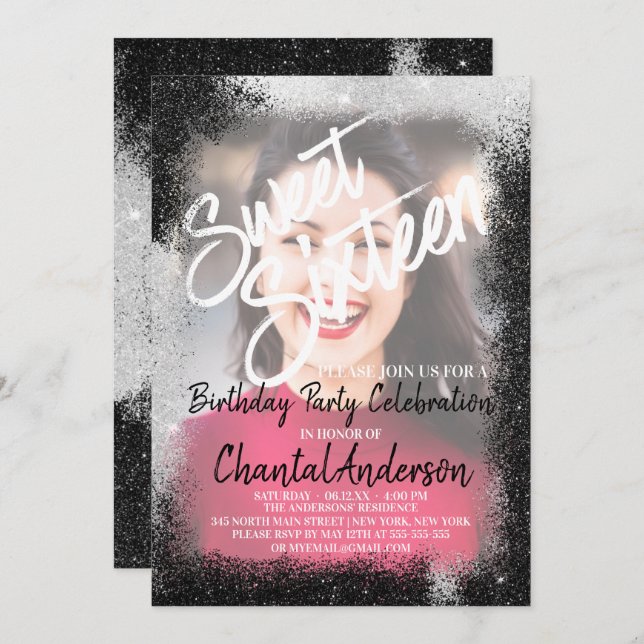 Black Silver Glitter Border Photo Sweet Sixteen Invitation (Front/Back)