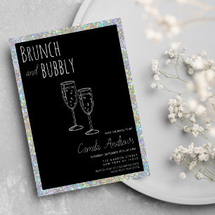 Black Silver Glitter Brunch Bubbly Bridal Shower  Invitation