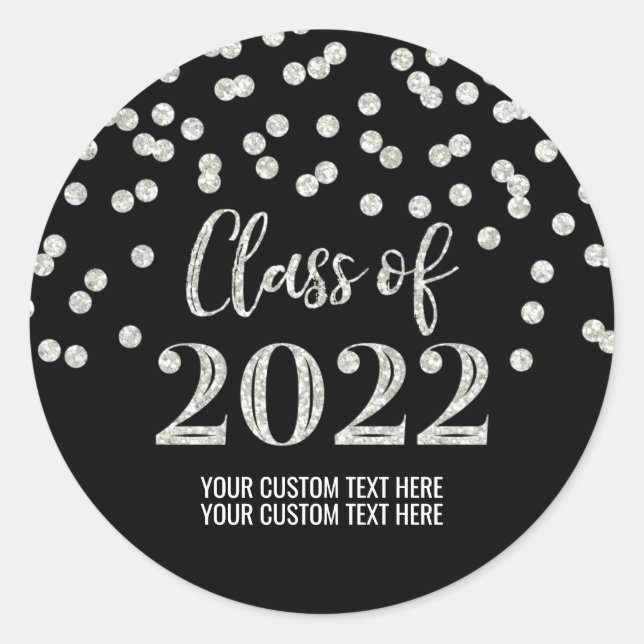 Black Silver Glitter Confetti Graduation 2022 Classic Round Sticker (Front)