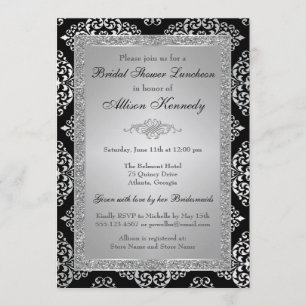 Black, Silver Glitter Damask Bridal Shower Invite