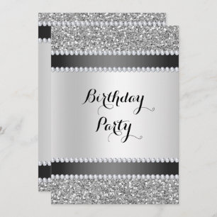 Black & Silver, Glitter & Diamonds Birthday Invitation