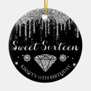 Black Silver Glitter Drip Diamond Sweet Sixteen Ceramic Ornament