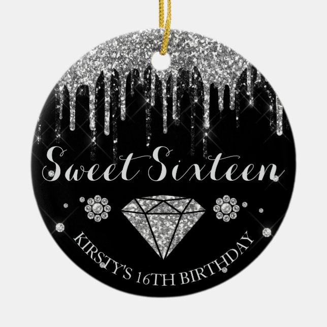 Black Silver Glitter Drip Diamond Sweet Sixteen Ceramic Ornament (Front)
