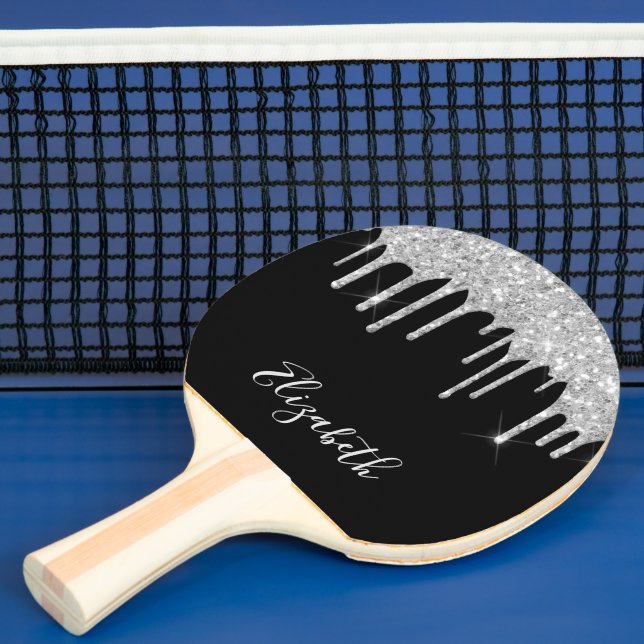 Black silver glitter drip name ping pong paddle (Insitu)