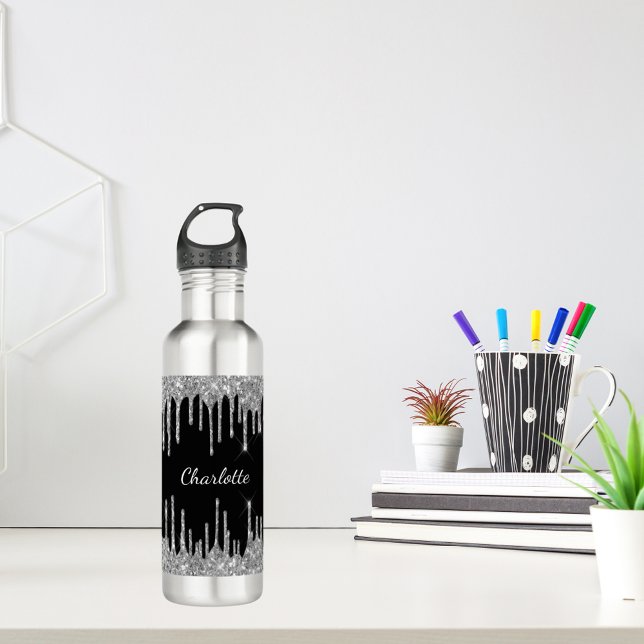 Black silver glitter drips custom monogram name 710 ml water bottle (Creator Uploaded)