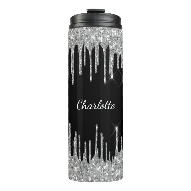 Black silver glitter drips custom monogram name thermal tumbler (Front)