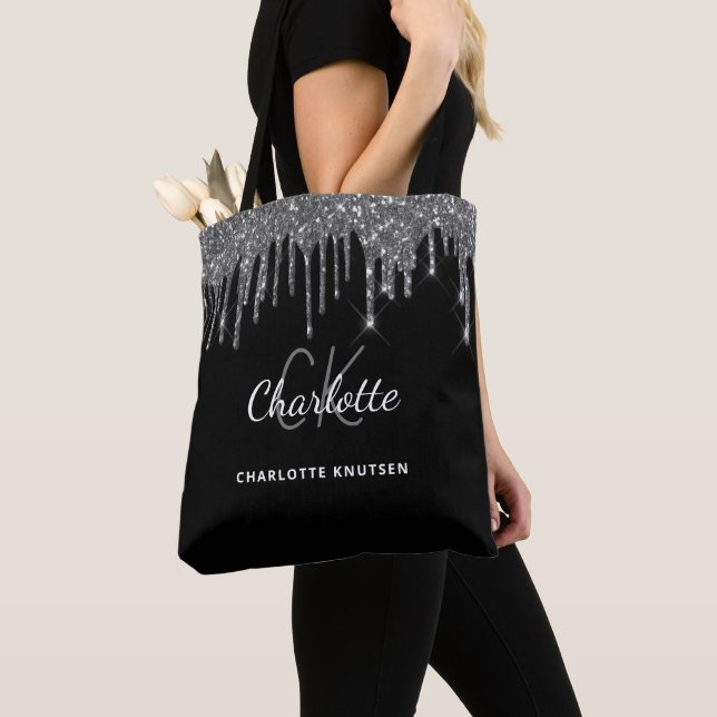 Black silver glitter drips monogram initials tote bag (Close Up)