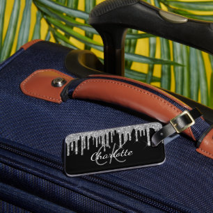 Black silver glitter drips monogram name luggage tag