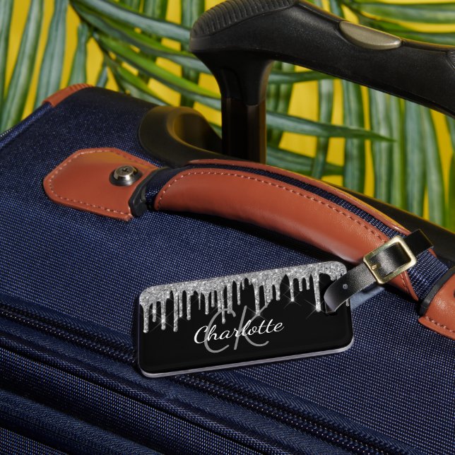 Black silver glitter drips monogram name luggage tag (Front Insitu 3)