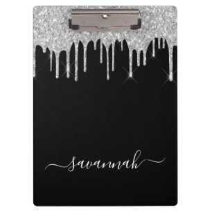 Black silver glitter drips script name glamourous clipboard