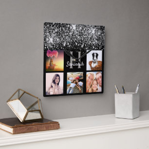 Black silver glitter dust custom photo collage square wall clock