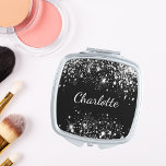 Black silver glitter dust monogram compact mirror<br><div class="desc">A chic black background. Decorated with faux silver glitter dust. Personalise and add your name. The name is written with a hand lettered style script.</div>