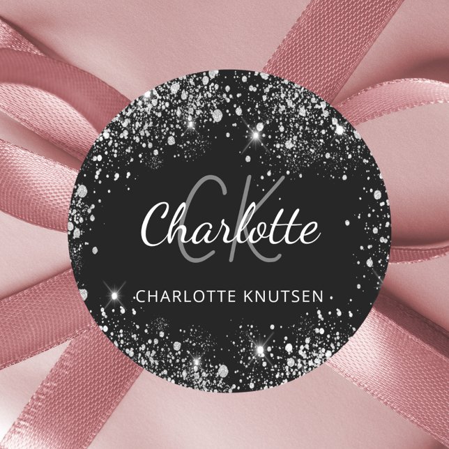 Black silver glitter dust monogram initials name classic round sticker (Creator Uploaded)