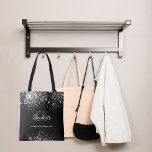 Black silver glitter dust monogram initials  tote bag<br><div class="desc">An elegant black background. Decorated with faux silver glitter drips,  paint dripping look. Personalise and add your first name,  monogram initials and full name. The name is written with a hand lettered style script.</div>