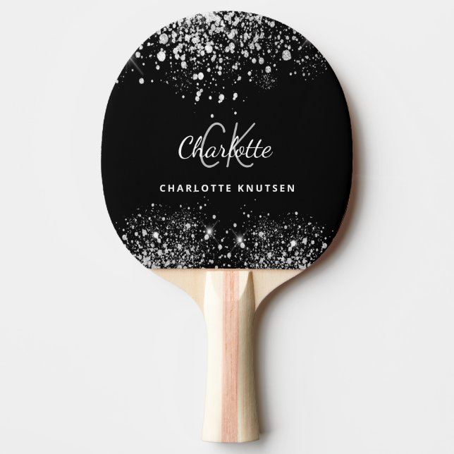 Black silver glitter dust monogram name glitter ping pong paddle (Front)