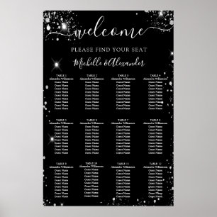 Black silver glitter dust wedding seating chart