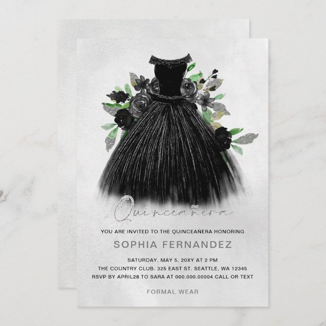 Black Silver Glitter Floral Dress Quinceañera Invitation (Front/Back)