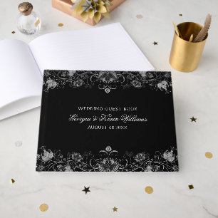 Black & Silver Glitter Floral Lace Border Guest Book