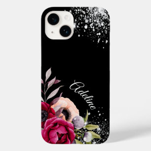Black silver glitter flowers burgundy name Case-Mate iPhone 14 case