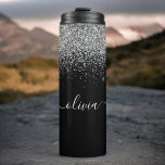 Black Silver Glitter Girly Fitness Monogram Name Thermal Tumbler<br><div class="desc">Black and Silver Sparkle Glitter Brushed Metal Monogram Name Drink Tumbler. This makes the perfect sweet 16 birthday,  wedding,  bridal shower,  anniversary,  baby shower or bachelorette party gift for someone that loves glam luxury and chic styles.</div>