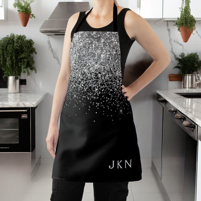 Black Silver Glitter Girly Monogram Name Apron (Creator Uploaded)