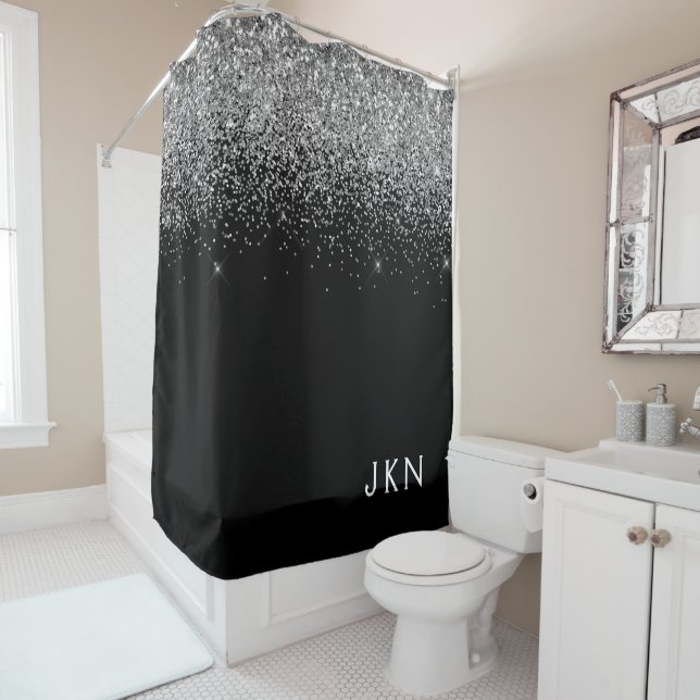Black Silver Glitter Girly Monogram Name Bathroom Shower Curtain (In Situ)