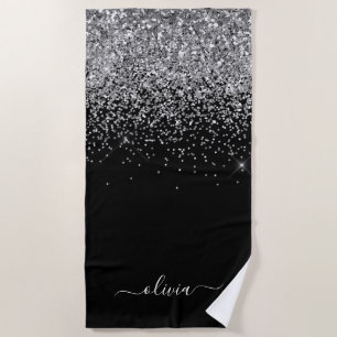 Black Silver Glitter Girly Monogram Name Beach Towel
