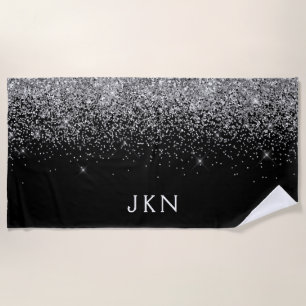 Black Silver Glitter Girly Monogram Name Beach Towel